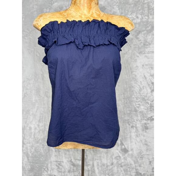 Stark X Top Womens Small Blue Ruffle Strapless Tube 100% Cotton Elastic Beach - Picture 1 of 7